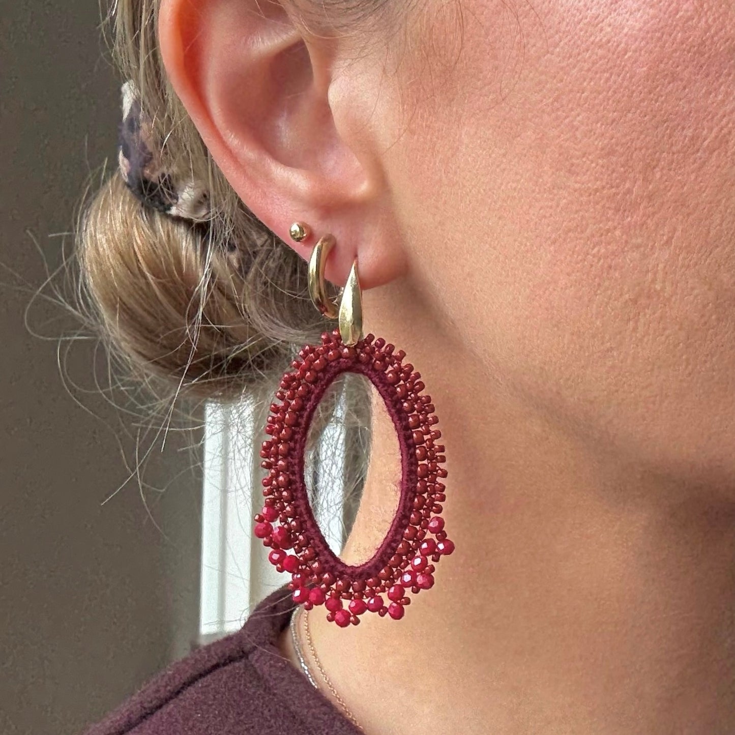 Luna Drops kralen oorbellen - burgundy