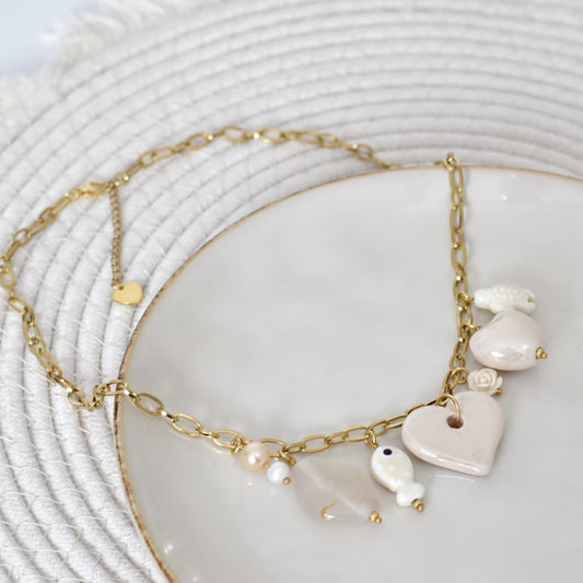 Bedel ketting met agaat en hartjes - Beige