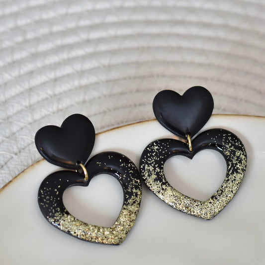 Party hart oorbellen - zwart goud