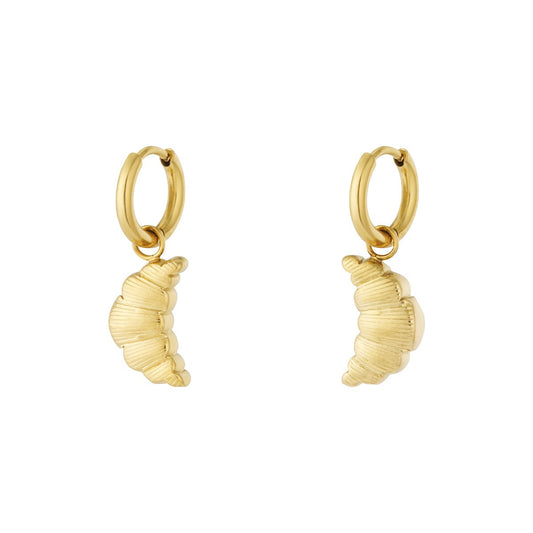 Croissant oorbellen - gouden stainless steel hoops met bedel