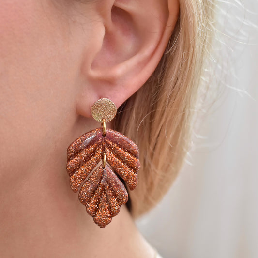 Glitter koperen leaf’s oorbellen 18k gold plated